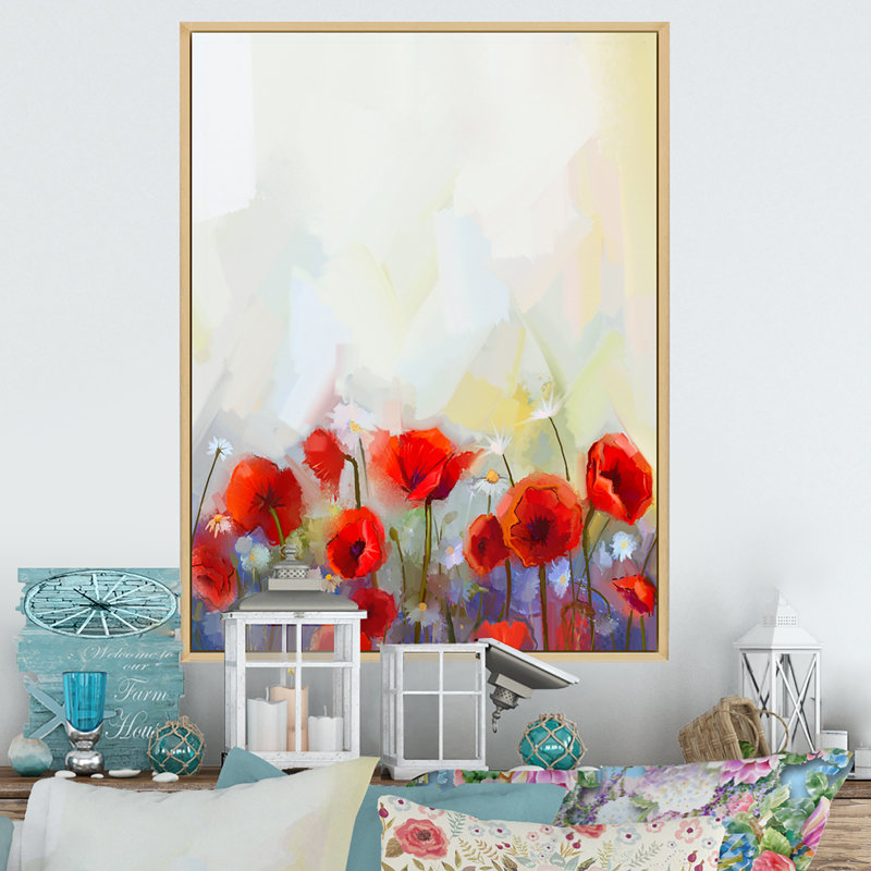 Abstrait coquelicot rouge - peinture, H 32 po x l 16 po x P 1 po, Cadre naturel flottant