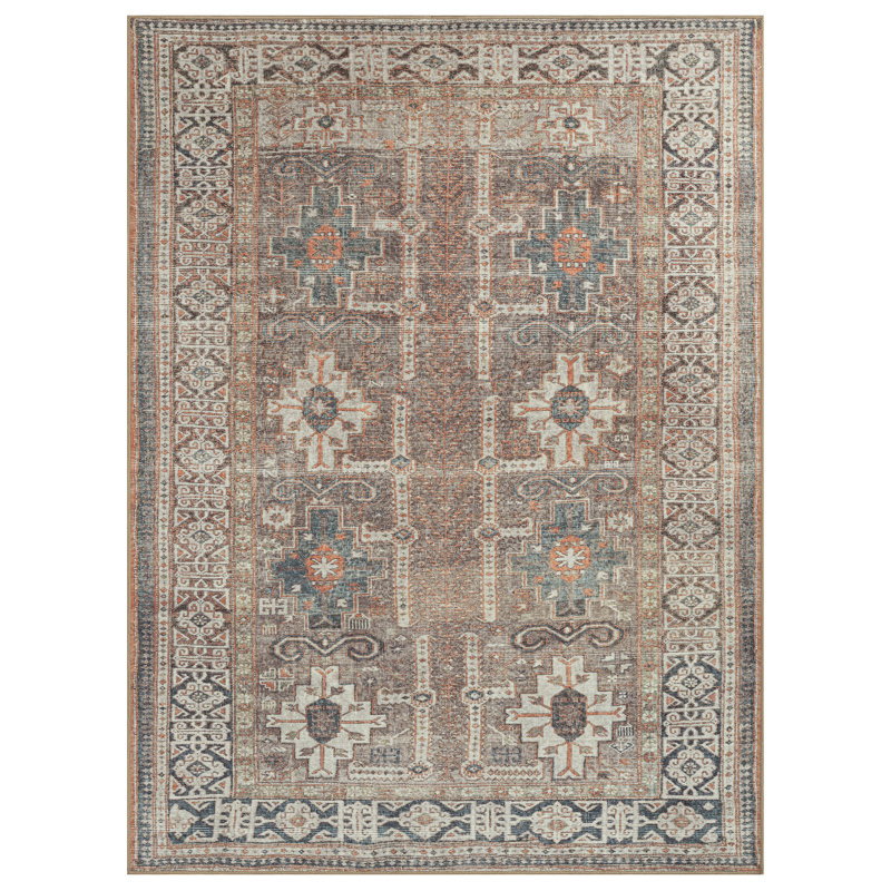 Washable Non-Slip Traditional Area Rug - Brown / Blue / Orange Rug for Entryway, Hallway, Bathroom, and Kitchen - Fairlin