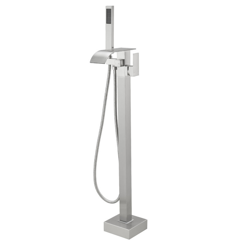 Single-Handle Freestanding Tub Faucet With Hand Shower Brass Waterfall Floor Mount Tub Filler In Brushed Nickel
