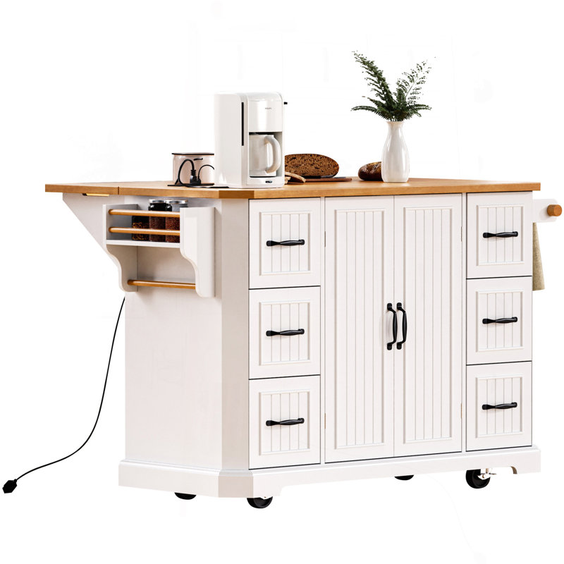 56 Inch Kitchen Island With Rubber Wood Veneer Drop Leaf, Power Outlet, 4 Door Shelves, Embossed Vertical Stripe Rolling Kitchen Cart On 4 Wheels With 6 Deep Drawers For Kitchen, Dining Room