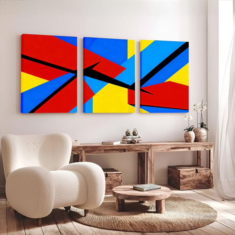 Ensemble de 3 tableaux muraux abstraits géométriques à blocs de couleur sur toile tendue, H 18 po x l 36 po