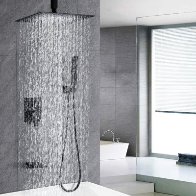 Ensemble de fabrication de douches murales de 12 po, noir mat, acier inoxydable avec douchette de baignoire à main et cascade, et
