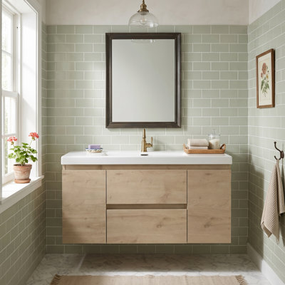 Meuble-lavabo mural en mélamine de bois de 48 po, aspect bois naturel, résistant à l'usure, aux égratignures et à la porosité, surface facile à nettoyer, préassemblé