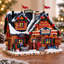Chalet de ski illuminé en porcelaine pour village de Noël, alimenté par piles ou adaptateur secteur.