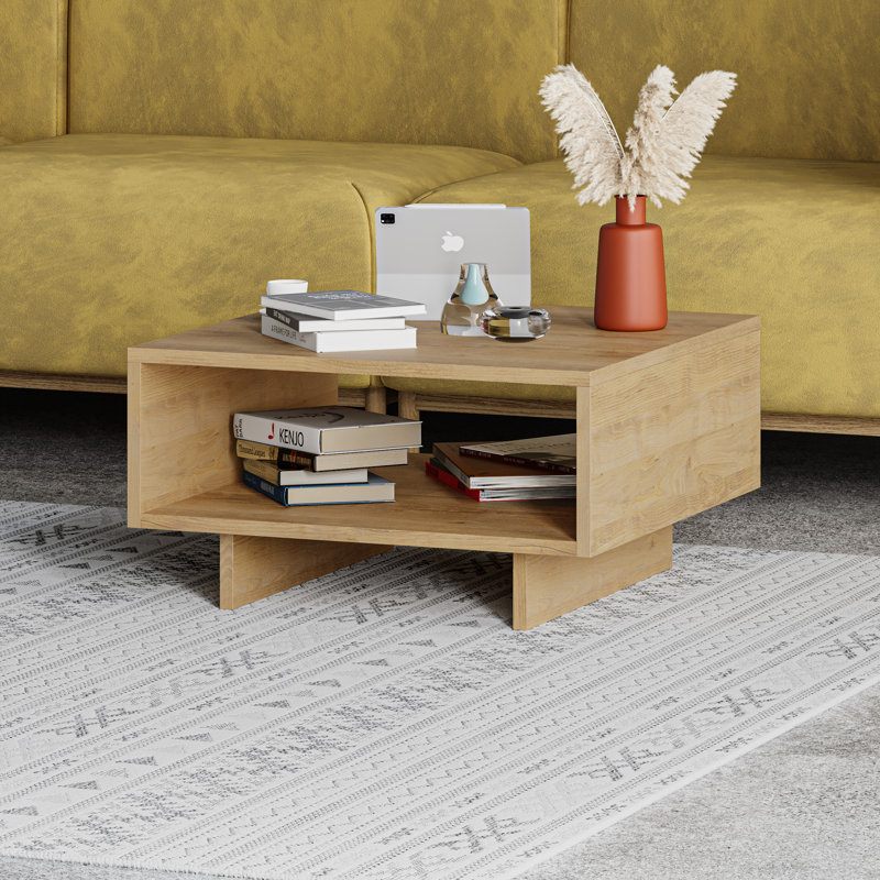 Sled Coffee Table with Storage Modern Square Design with Open Compartment, Natural, Natural