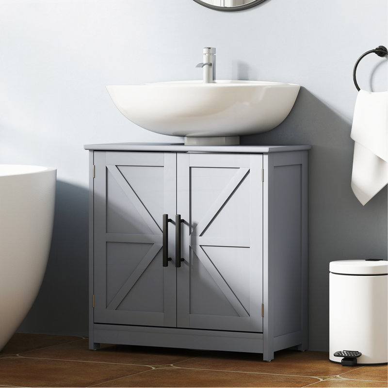Armoire de rangement à piédestal, lavabo de salle de bain avec 2 portes de grange et tablette réglable, gris foncé (sans lavabo)