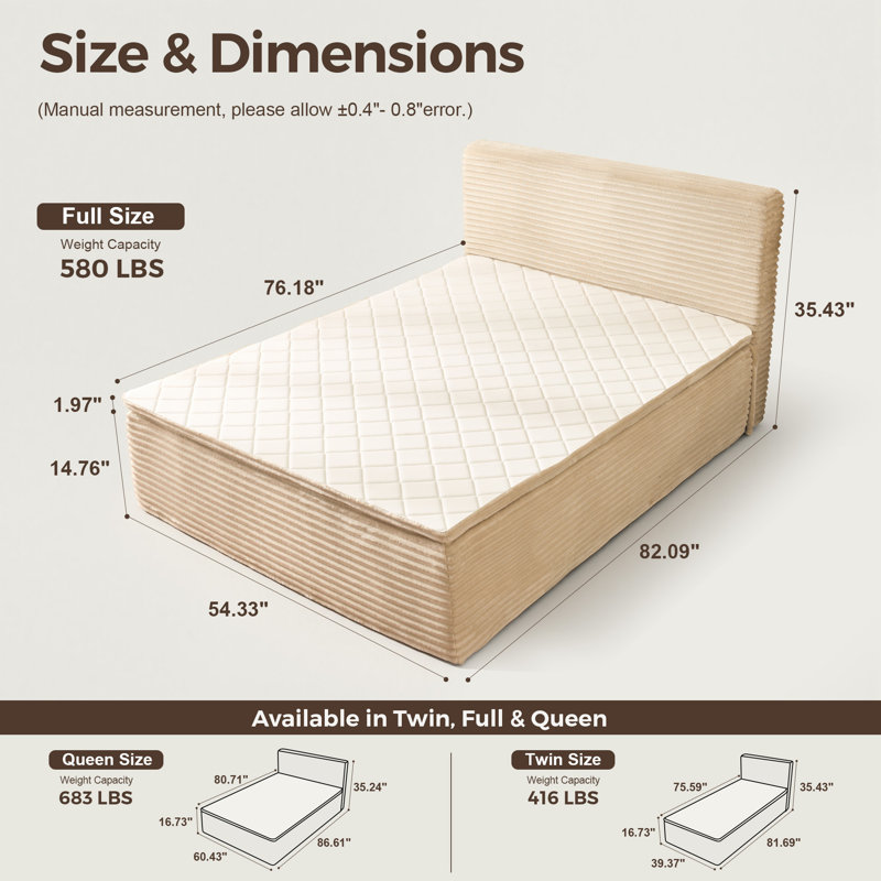 Matelas double en mousse à mémoire de forme de 16 po avec tête de lit double, lit tout-en-un, lit plateforme sans assemblage, ferme moyenne, aucun sommier requis
