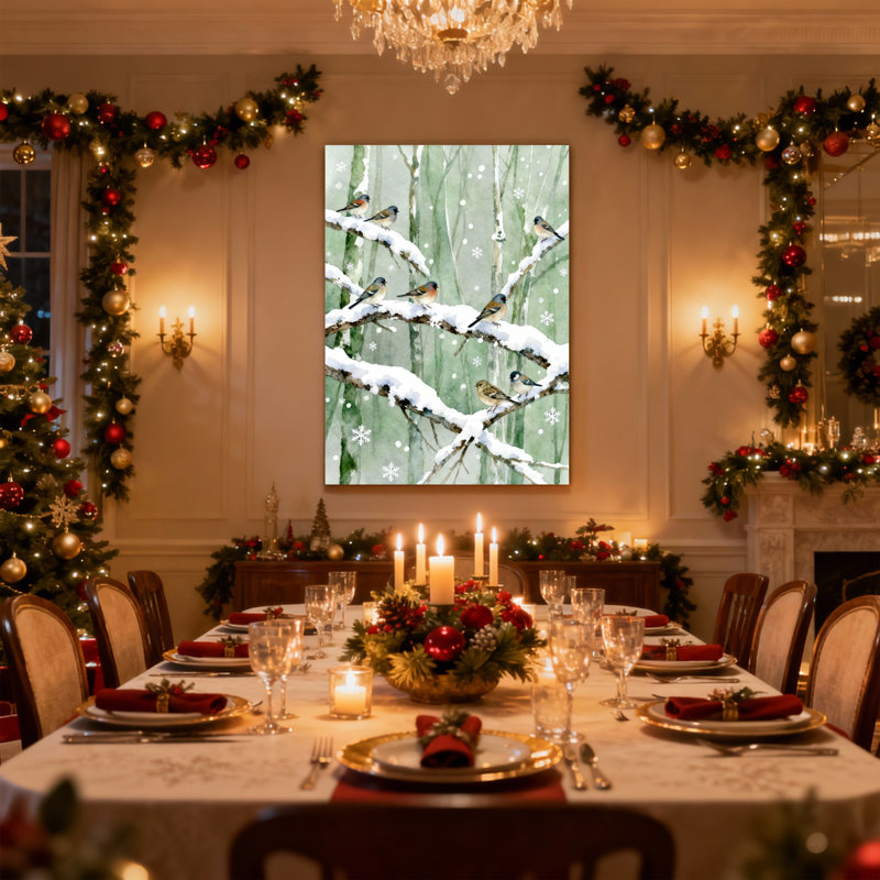 Christmas Winter Birds On Snowy Branches Set of 3 Canvas Wall Art Prints, 30" H x 20" W