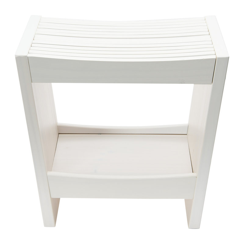 Modern Slatted Solid Wood Stool With Storage Shelf, White