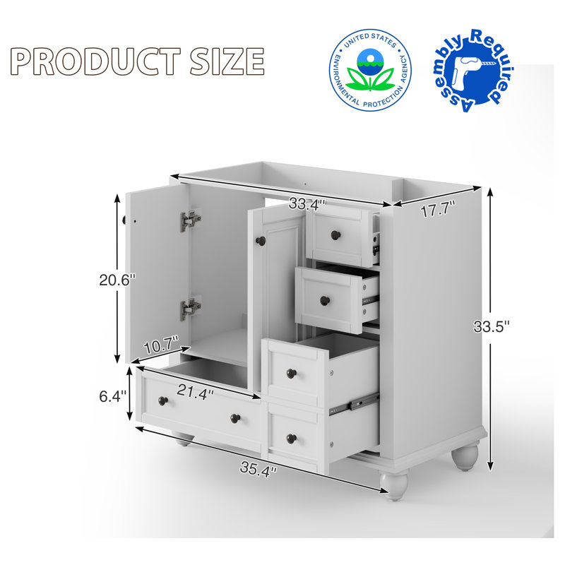 36" Single Sink Bathroom Vanity Base Only, Painted Surface, Soft-Close Doors, White