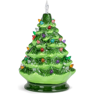 Arbre de Noël 15 po en céramique, arbre de Noël de table pré-éclairé et peint à la main, sommet d'une étoile, 64 lumières - vert avec ampoules multicolores
