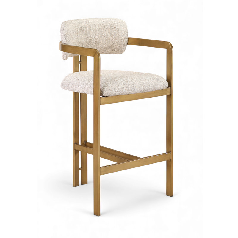 Tabouret de comptoir Asenath, Laiton brossé, Tissu beige texturé en lin