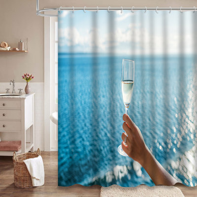 Champagne Glass Woman Ocean Sunset Luxury Shower Curtain with 12 Hooks