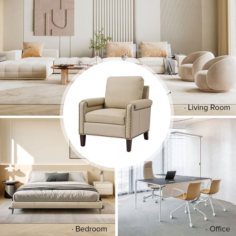 Fauteuil club en cuir véritable de 31,5 po de largeur avec pieds en bois massif Pascarella, Beige
