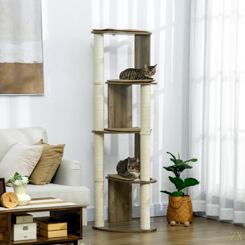 Arbre à chat d'angle moderne de 65 po de hauteur Pawhut pour l'escalade, grande tour de chat à plusieurs niveaux avec poteaux à griffer, petite tour de chaton avec sisal