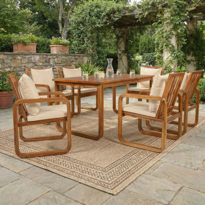 Ensemble repas d'extérieur 7 pièces avec table en bois d'acacia massif, coussins amovibles résistants à l'eau et chaises à accoudoirs modernes pour le patio, la cour ou le jardin.
