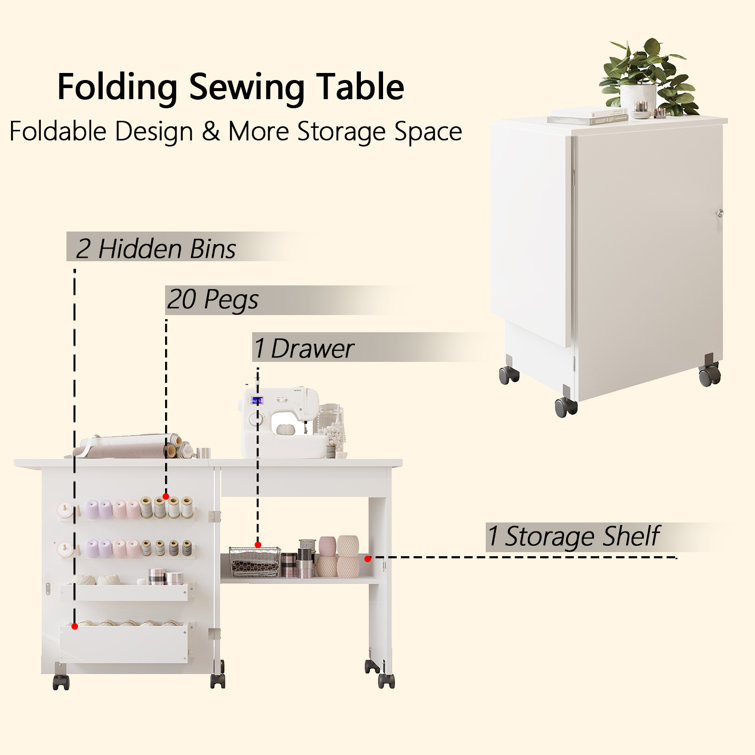 47'' x 16'' Foldable Sewing Table with Sewing Machine Platform and Wheels  Modern Style