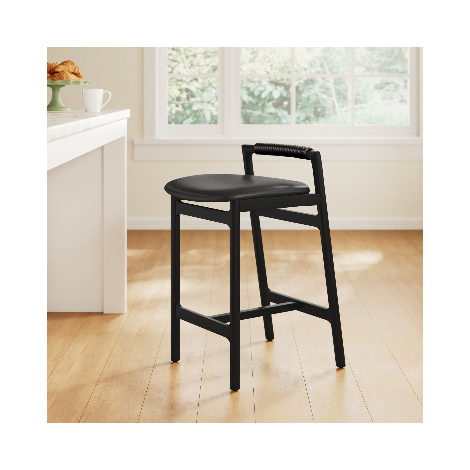 Solene Leather Stool, Counter Stool (26" Seat Height), Brushed Ebony, Sonoma Black/Genuine Leather
