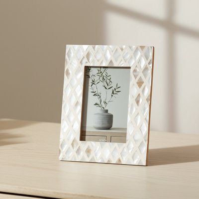 Shell Wood Glass Capiz Frame with Intricate Inlay Detailing and Durable Back Stand for Display - Handcrafted Decorative Frame Featuring Quality Materials and Textured Natural Shell Accent
