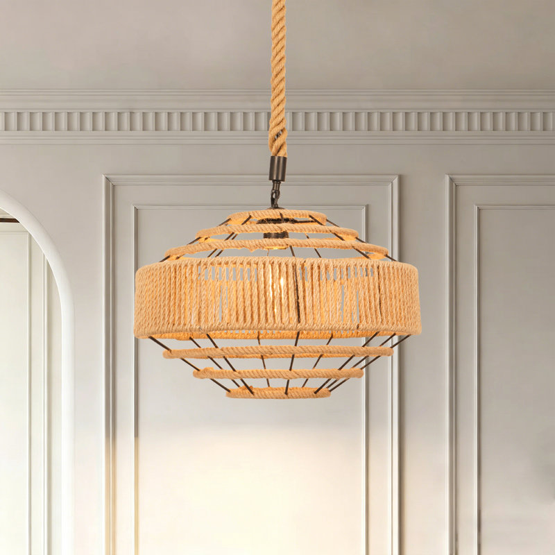Boho Rope Pendant Light With Woven Iron Shade, Hanging Ceiling Lamp