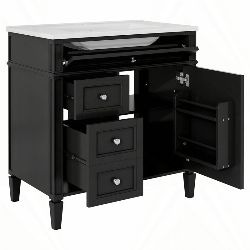 Meuble-lavabo de 30 po avec lavabo supérieur, 30", Noir, Argent argent