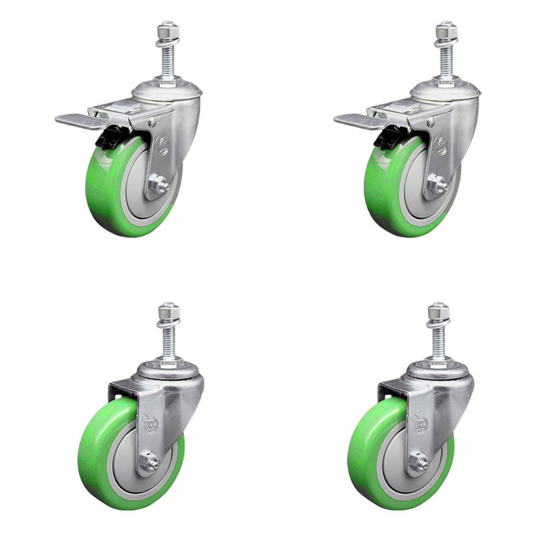 Ensemble de roulettes à tige pivotante en polyuréthane 4 pouces 10mm, 2 freins à verrouillage total SCC, Vert