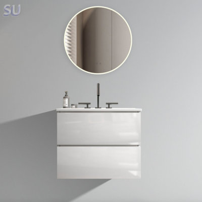 Meuble-lavabo mural blanc brillant 24 po avec lavabo en céramique, trois trous de robinet et grand rangement pour les salles de bain modernes