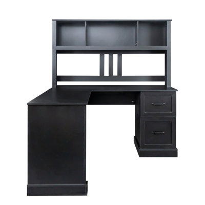 Antiqued Black Home Office Desk With Storage, 2-layer Open Shelf, 2 Big Drawers, Generous Scratch- Surface , Storage Space, Water- Top