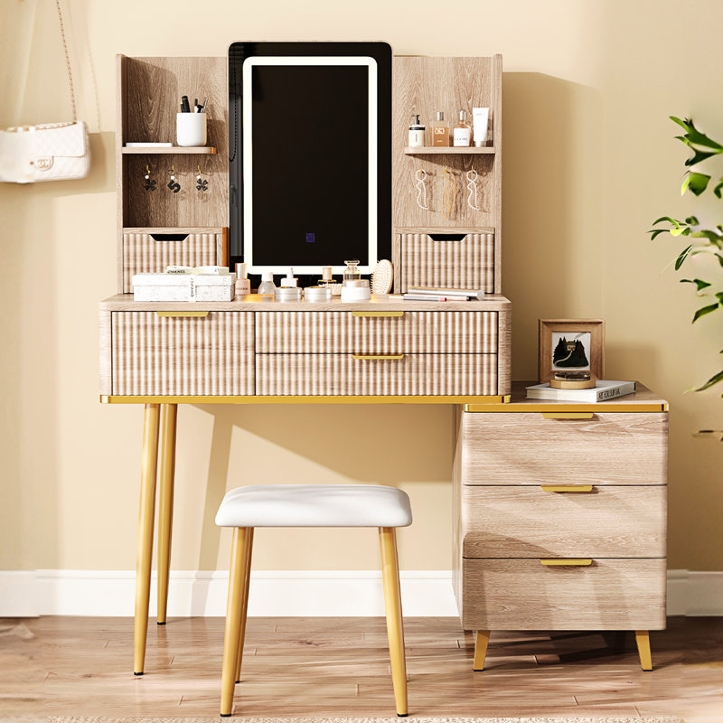 Led Mirror Vanity Desk With 7 Drawers, Makeup Table, Fluted Panel, Metal Handles, Pu Stool For Bedroom - Three Color Temperatures, Tangle Hooks, Pu, Corrosion Dressing Table Mirror, Drawer Storage,