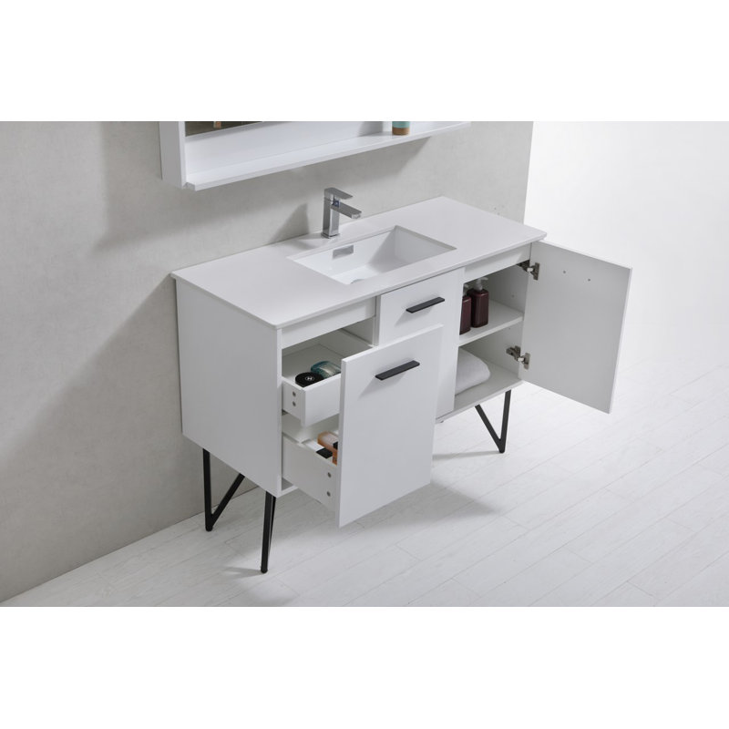 Ensemble de meuble-lavabo simple 48 po avec miroir Almaraz, Blanc brillant