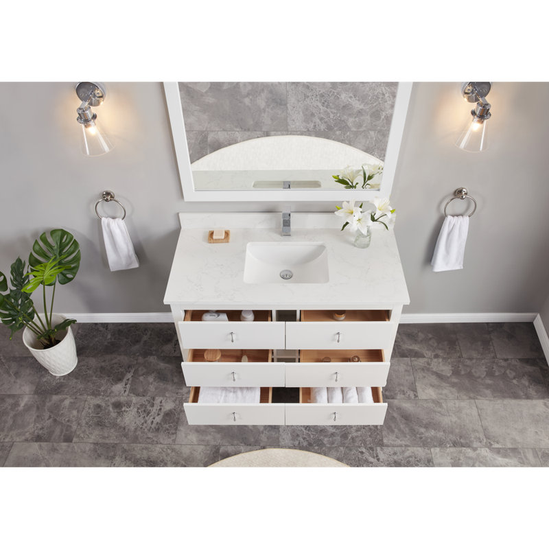Meuble-lavabo simple 48 po en bois massif avec plateau en marbre d'ingénierie de 1 po, Blanc