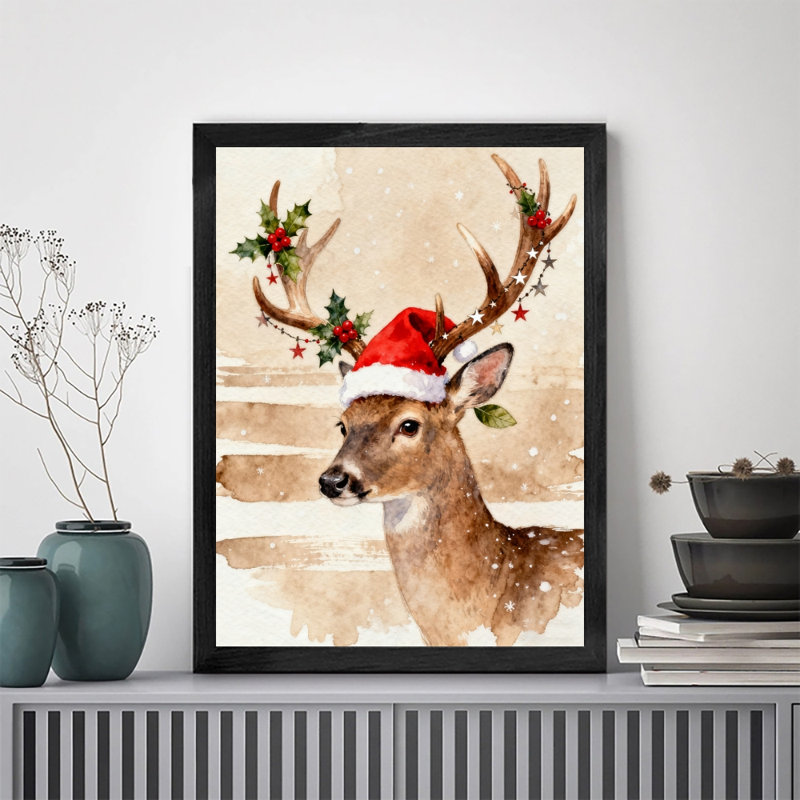 Renne de Noël rétro encadré noir portant un chapeau de père Noël, impression d'art de style rétro, H 11 po x l 9 po