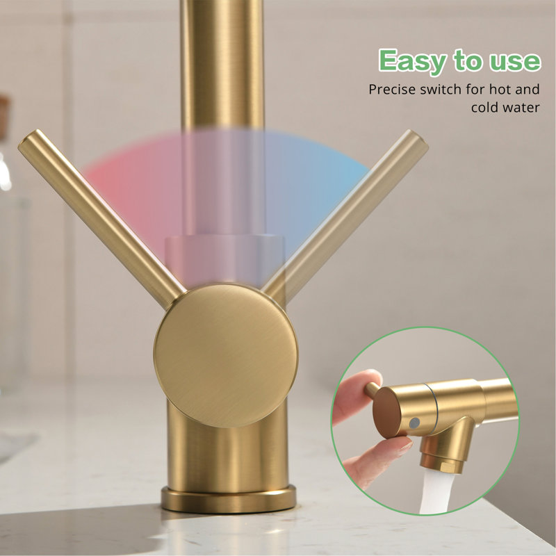 Satisfying Gold Kitchen Sink Faucet With Pull Down - Stream & Spray Capacity, Ceramic Filler, Contemporary Charm Fascinating Functionality, Single Lever, Brass Structure