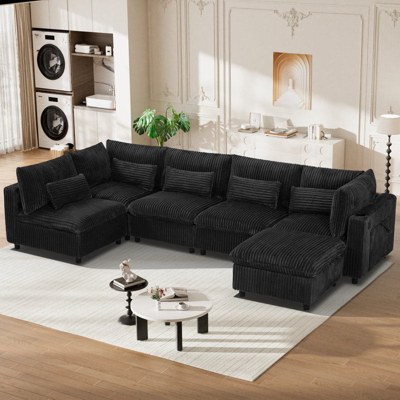 6-Piece 130'' U-Shaped Corduroy Modular Sectional Cloud Sofa Deep Seat Corner Couch With Removable Ottoman, Black Corduroy