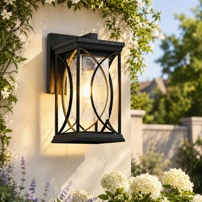 11.8" H Black Outdoor Wall Sconce, Wall Light With Ice-cracked Glass Shade, Warterproof,for Porch, Courtyard & Garage