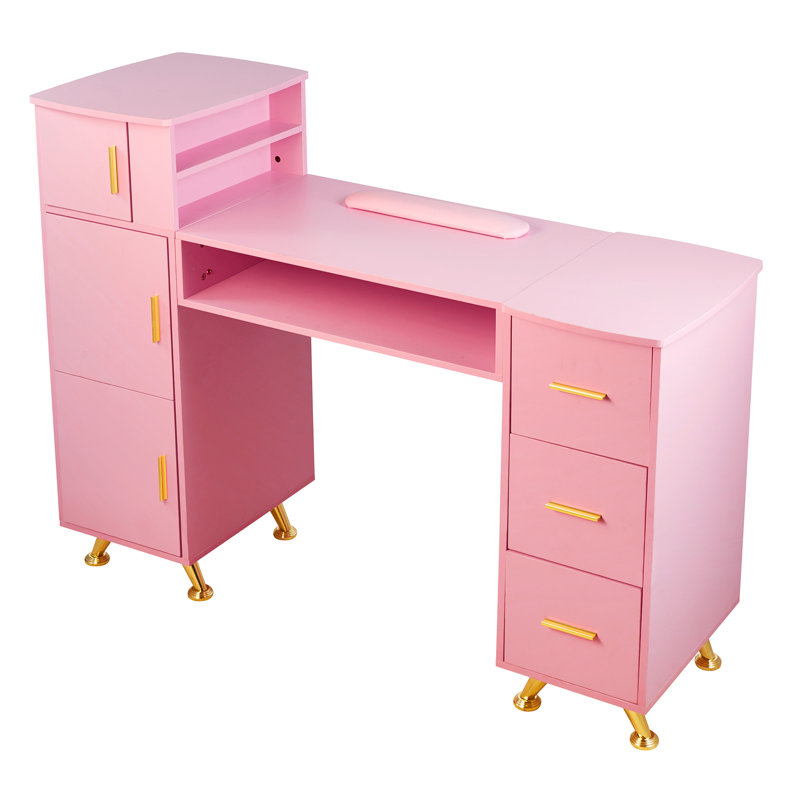 Beauty Salon Vanity Manicure Table Nail Makeup Desk With Drawers Storage, Pink