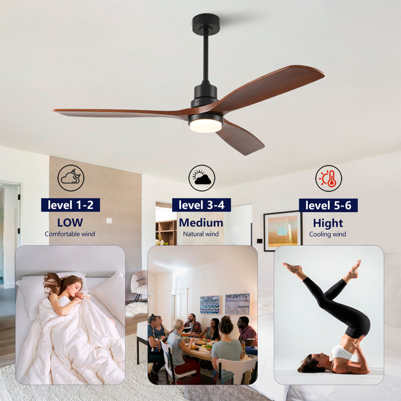 Hot Ventilateur de plafond moderne avec 3 pales en bois massif, télécommande et moteur à courant continu avec DEL à intensité variable