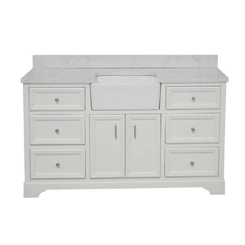 Ensemble de meuble-lavabo simple 60 po Emiliano, Blanc, Carrara d'ingénierie