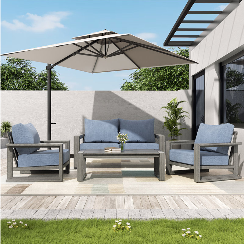Adden 4-Piece Hand-Painted Aluminum Outdoor Conversation Set With Loveseat, Blue Cushions And Coffee Table, Blue