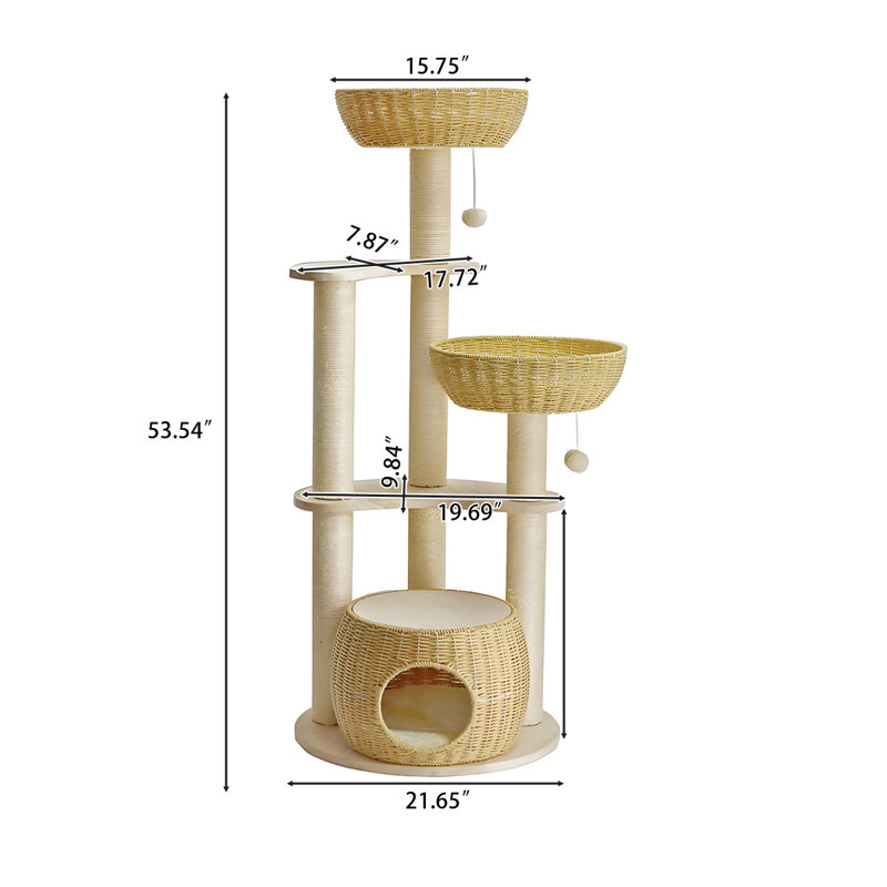Structure d'escalade en bois massif de 21,65 po en bois massif et arbre à chat style rotin vertical intégré