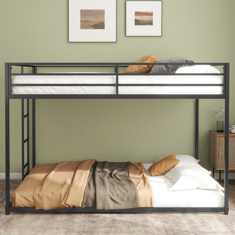 Lit superposé double sur profil bas, métal noir, idéal pour les chambres à coucher contemporaines, escaliers faciles, garde-corps de longueur, profil en métal robuste à support plein / double classique, dortoirs convenables, cadre,