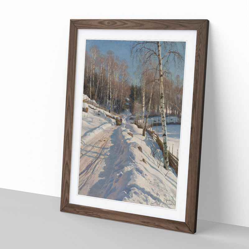 Sleigh Ride On A Sunny Winter Day by Peder Mork Monsted - Single Picture Frame Print on Wood, Walnut Framed