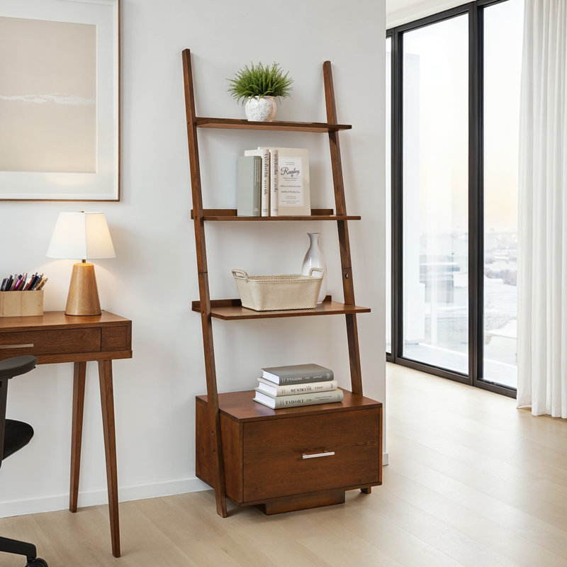 Carbin 69'' H x 24.75'' W Solid Wood Ladder Bookcase, Black