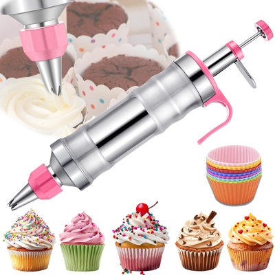 Ensemble de seringues décoratives à dessert, ensemble de passepoil givré, ensemble de décoration de gâteaux en acier inoxydable avec 6 embouts et 9 petits gâteaux en silicone