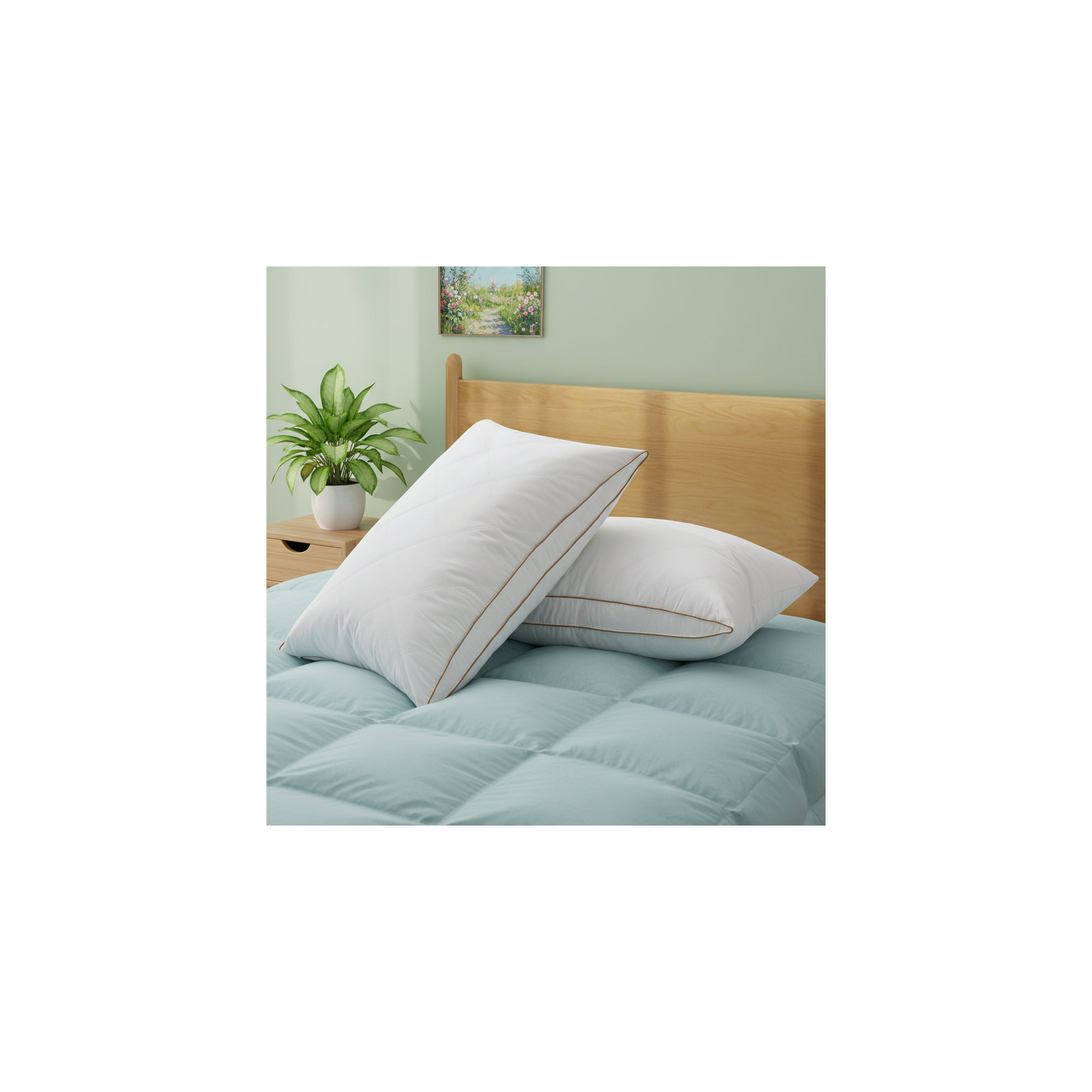 Set of 2 Oval-shape Gusset Feather Bed Pillows Medium to Firm Breathable Cotton Shell, King