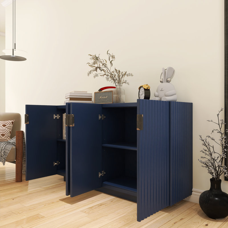 59.8" Wide Sideboard Fluted Storage Cabinet With Doors And Shelves, Antique Navy