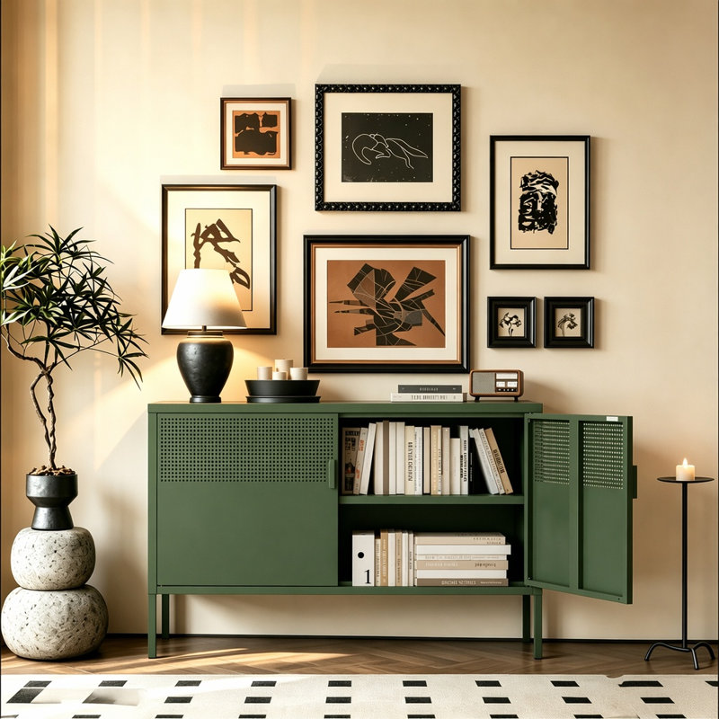  25 Inch Metal Side Cabinet, Double Door TV Stand, Storage Cabinet with Adjustable Shelves, Green