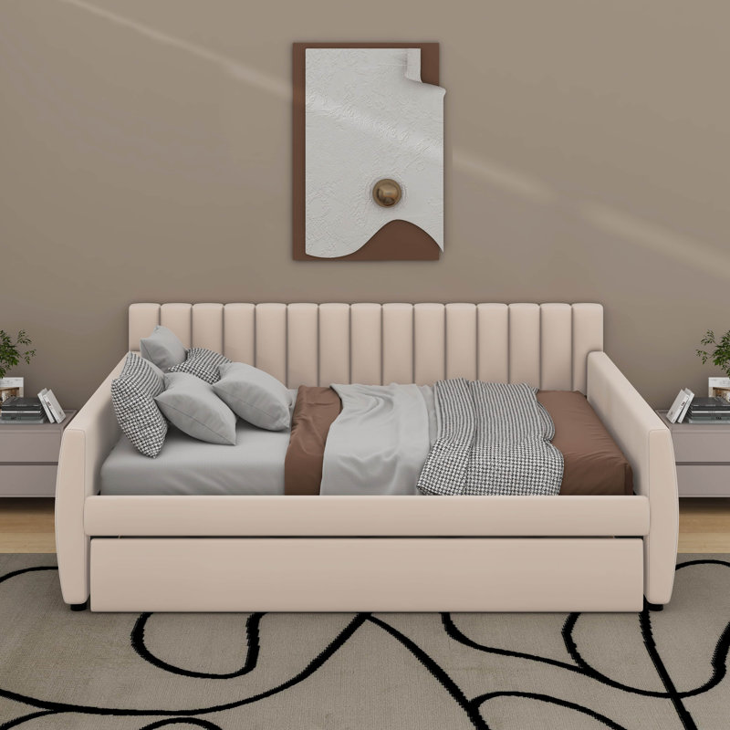 Full Size Upholstered Daybed With Trundle, Beige