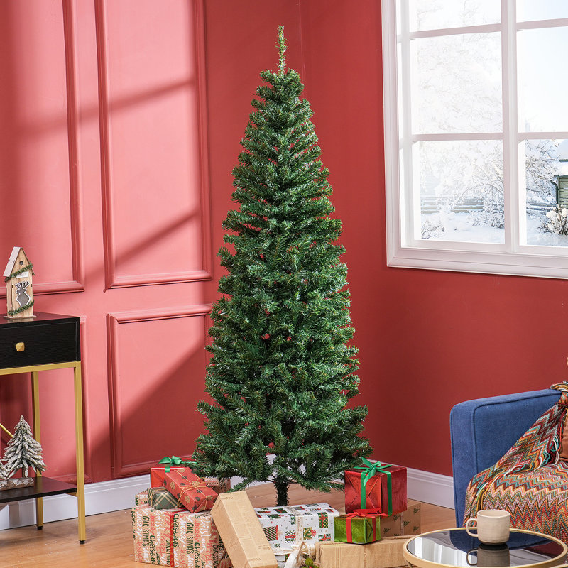 6Ft Pencil Christmas Tree, Unlit Artificial Christmas Tree Slim Douglas Fir Xmas Tree With Realistic Branches, Halloween Tree With 618 Tips, Green