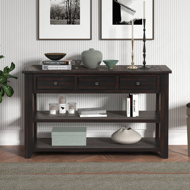 Console en bois de pin massif 48 po, table d'appoint moderne avec 3 tiroirs de rangement et 2 tablettes. Facile à assembler (noir vieilli) (ancien SKU: W120246665)